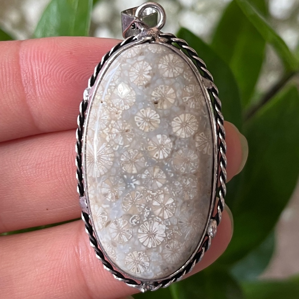 925 silver overlay fossil pendant